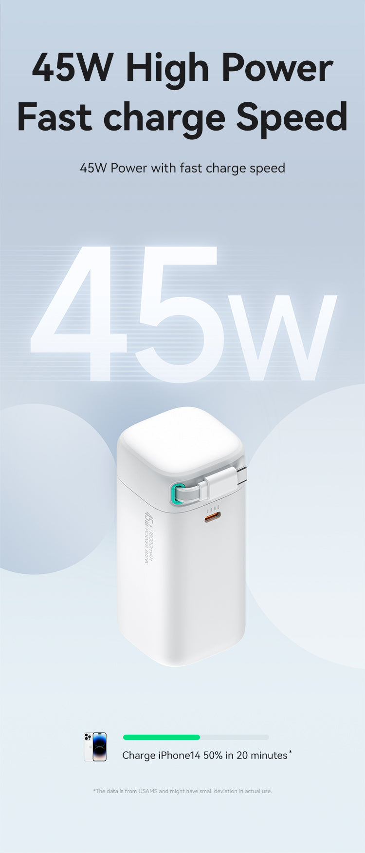 USAMS 18000mAh 45W Fast Charging Power Bank Built-in Type-C Cable with USB-C Port Portable Charger for Smartphones
