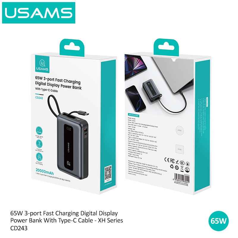Power Bank 20000mAh 65W Fast Cableانهrging USB-C Portable Charger