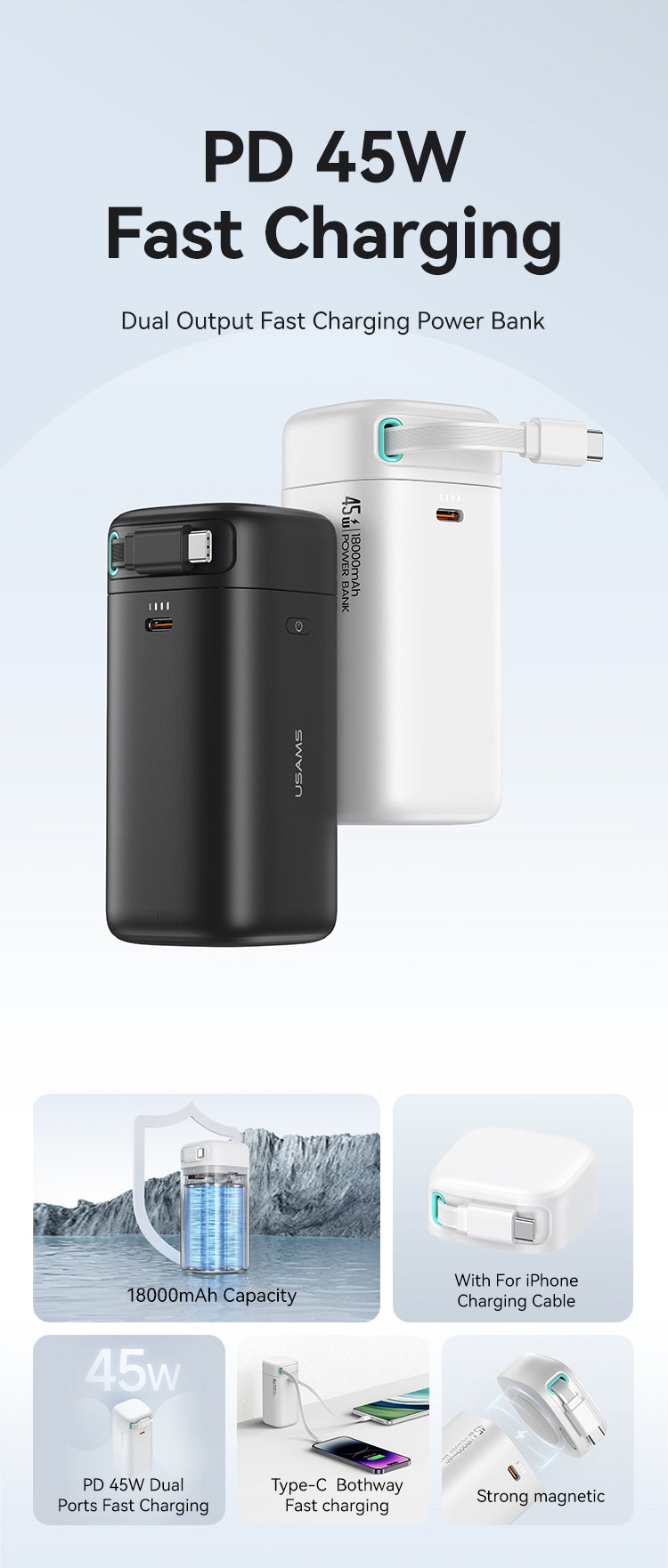 USAMS 18000mAh 45W Fast Charging Power Bank Built-in Type-C Cable with USB-C Port Portable Charger for Smartphones