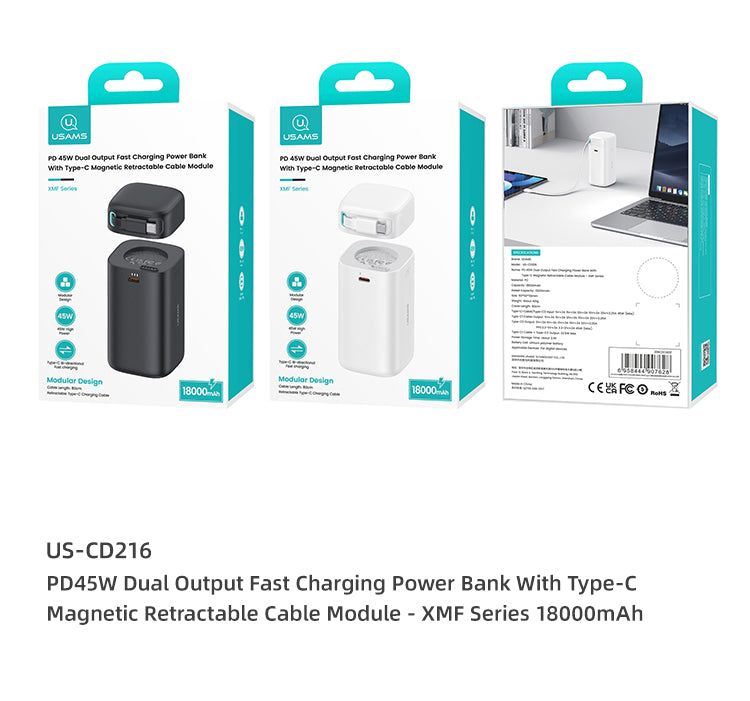 USAMS 18000mAh 45W Fast Charging Power Bank Built-in Type-C Cable with USB-C Port Portable Charger for Smartphones