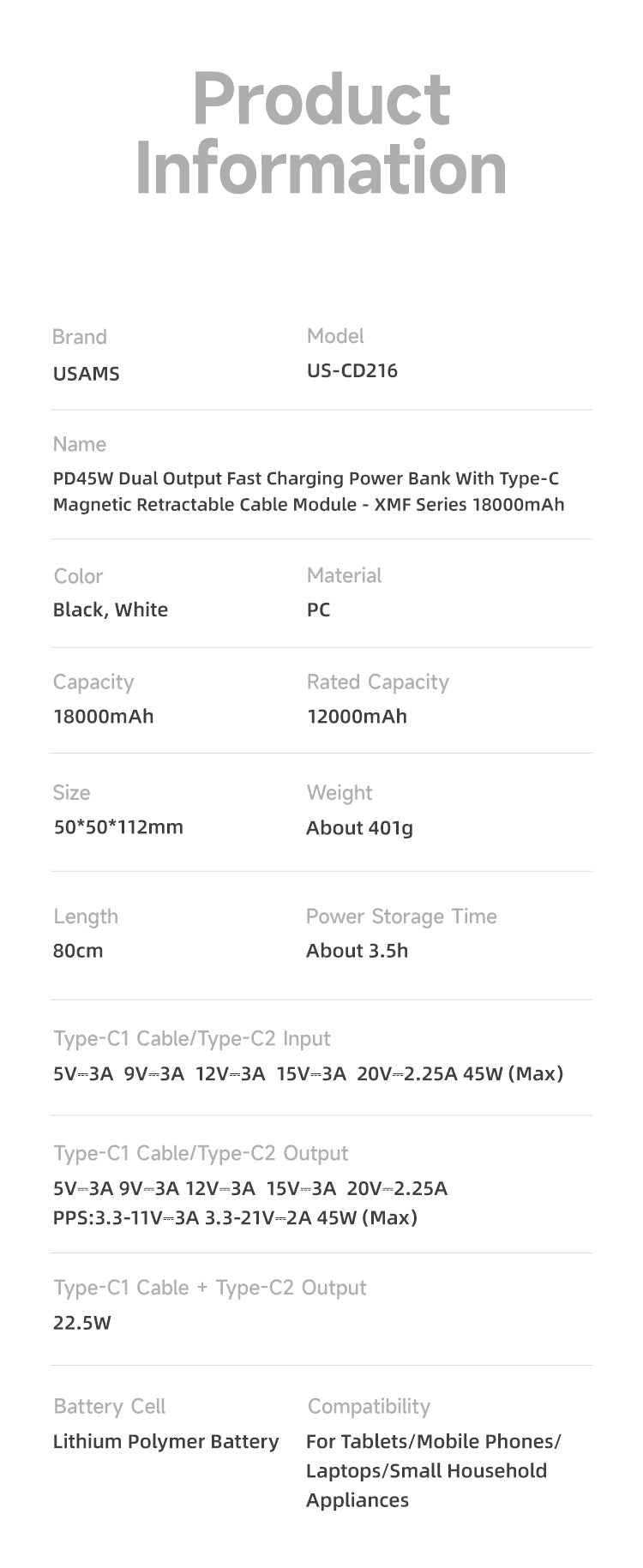 USAMS 18000mAh 45W Fast Charging Power Bank Built-in Type-C Cable with USB-C Port Portable Charger for Smartphones