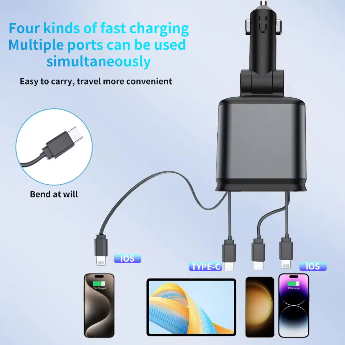 🚗 4-in-1 Fast Car Charger (100W) ✅ Fast charging with PD & QC3.0 ✅ Charge multiple devices at once ✅ Built-in retractable cables (iOS & Type-C) ✅ Stylish LED light design ✅ Safe & durable build Perfect for everyday use and travel ⚡