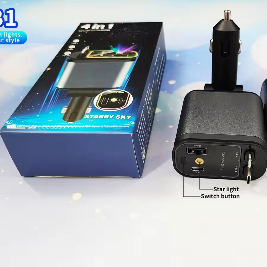 🚗 4-in-1 Fast Car Charger (100W) ✅ Fast charging with PD & QC3.0 ✅ Charge multiple devices at once ✅ Built-in retractable cables (iOS & Type-C) ✅ Stylish LED light design ✅ Safe & durable build Perfect for everyday use and travel ⚡