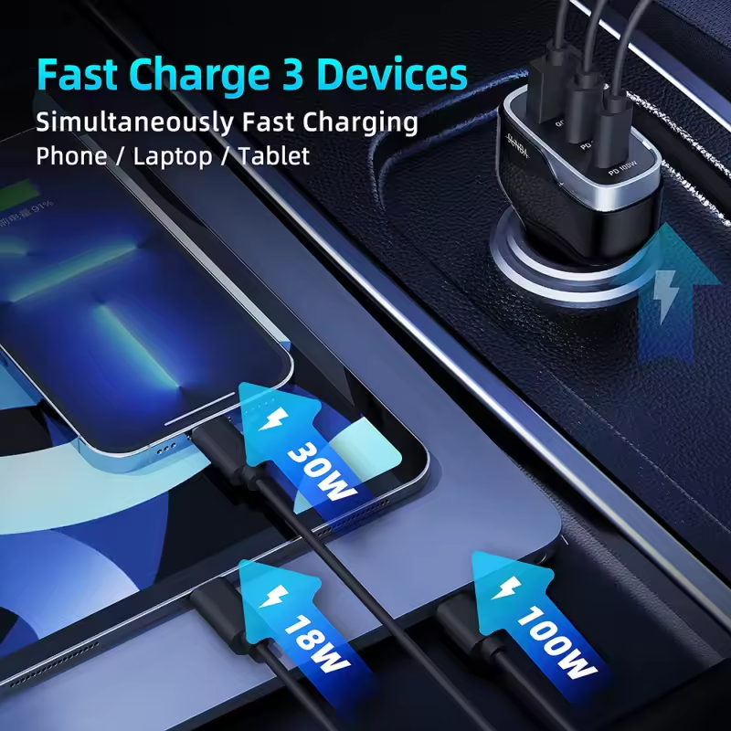 .  138W Fast Car Charger – 3 Ports USB & Type-C Super Fast Charging