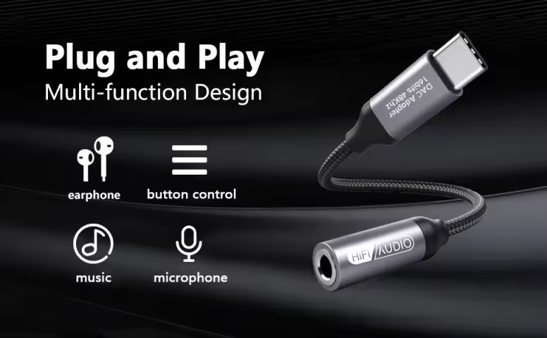 A compact Type-C to 3.5mm adapter that lets you use standard earphones on modern phones, supporting music, calls, and clear sound with a durable design.