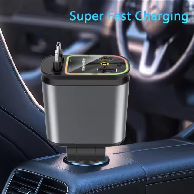 🚗 4-in-1 Fast Car Charger (100W) ✅ Fast charging with PD & QC3.0 ✅ Charge multiple devices at once ✅ Built-in retractable cables (iOS & Type-C) ✅ Stylish LED light design ✅ Safe & durable build Perfect for everyday use and travel ⚡