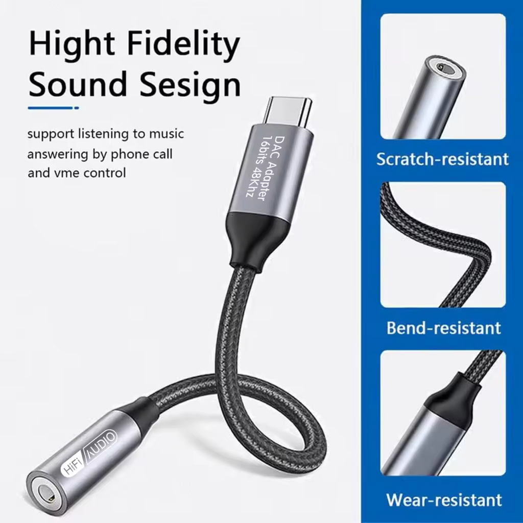 A compact Type-C to 3.5mm adapter that lets you use standard earphones on modern phones, supporting music, calls, and clear sound with a durable design.