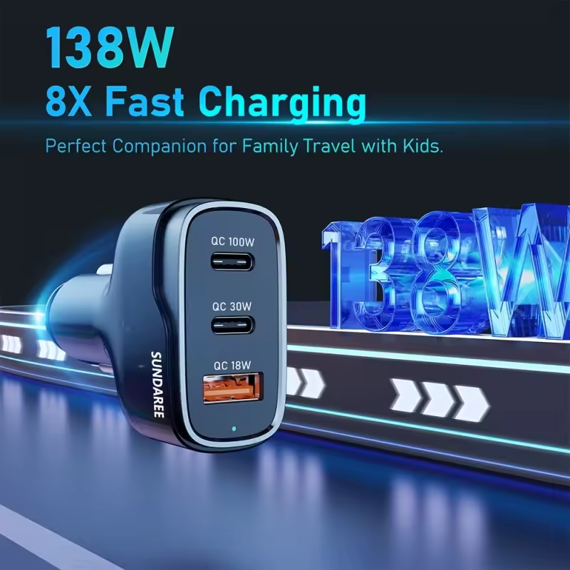 .  138W Fast Car Charger – 3 Ports USB & Type-C Super Fast Charging