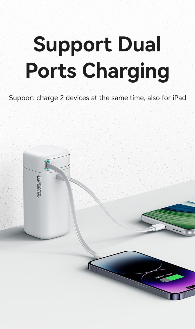 USAMS 18000mAh 45W Fast Charging Power Bank Built-in Type-C Cable with USB-C Port Portable Charger for Smartphones