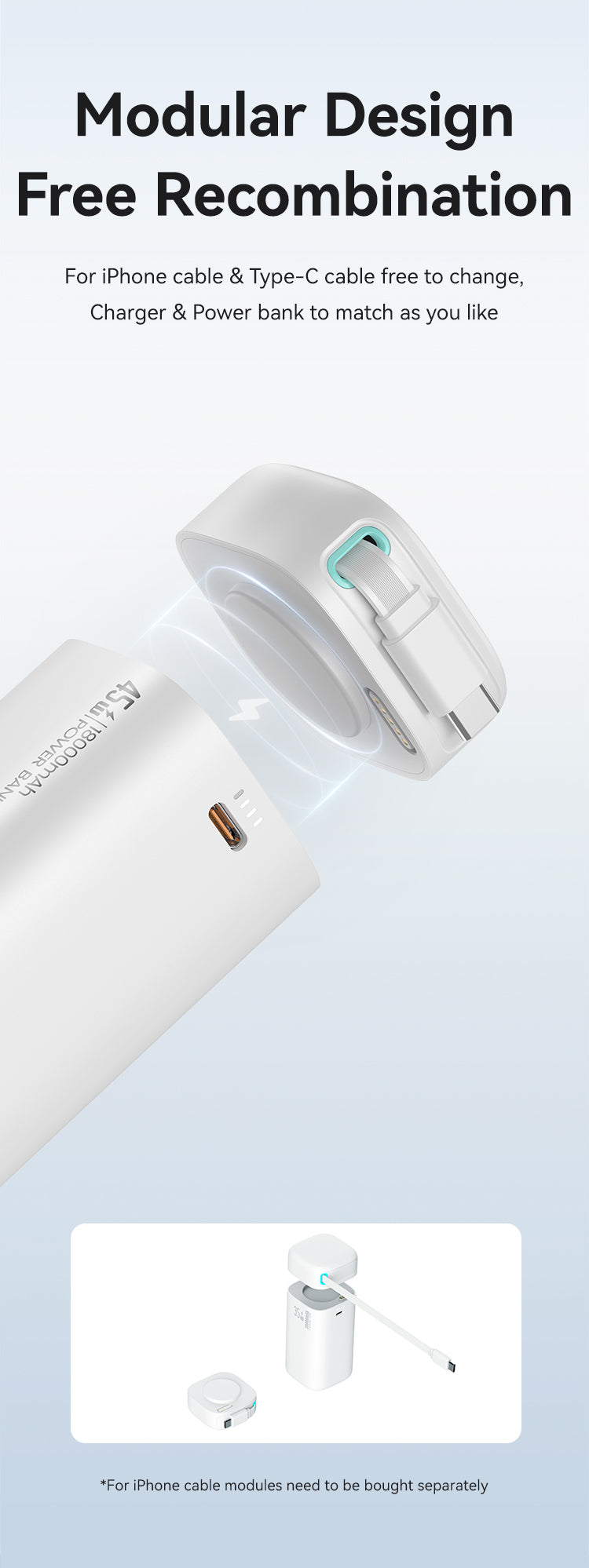 USAMS 18000mAh 45W Fast Charging Power Bank Built-in Type-C Cable with USB-C Port Portable Charger for Smartphones