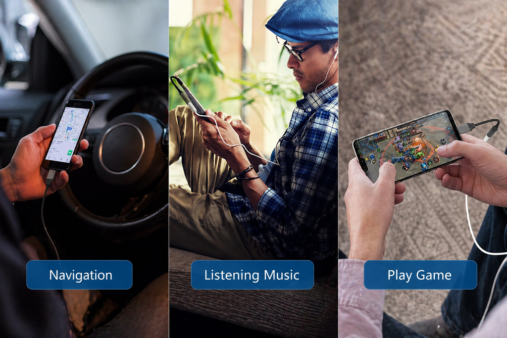 A compact Type-C to 3.5mm adapter that lets you use standard earphones on modern phones, supporting music, calls, and clear sound with a durable design.
