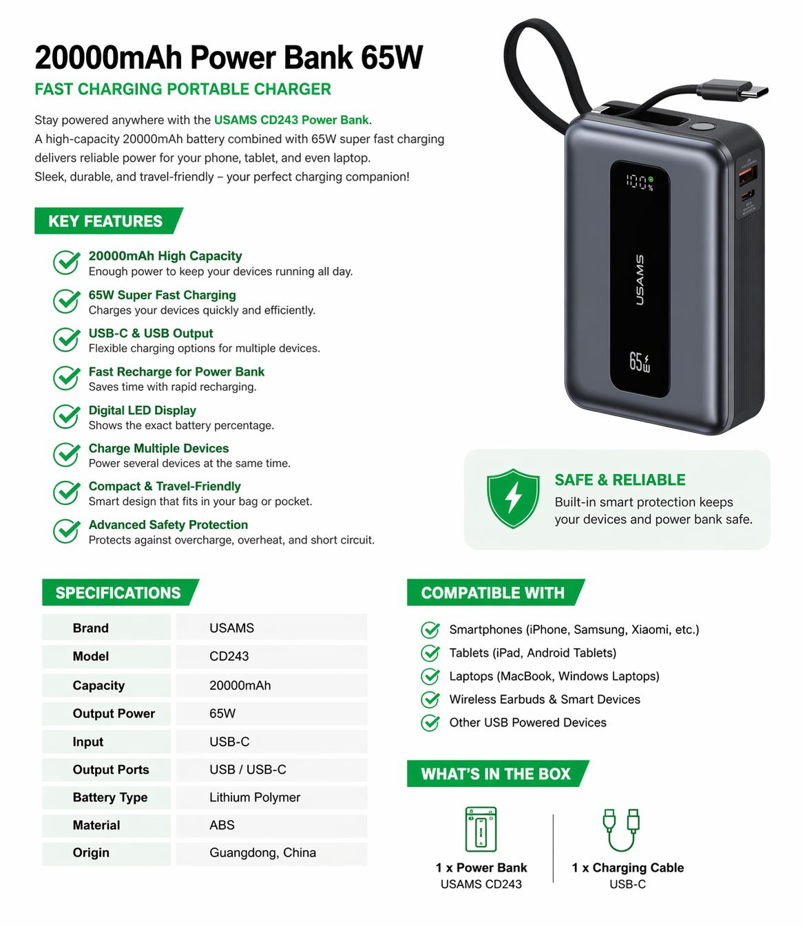 Power Bank 20000mAh 65W Fast Cableانهrging USB-C Portable Charger